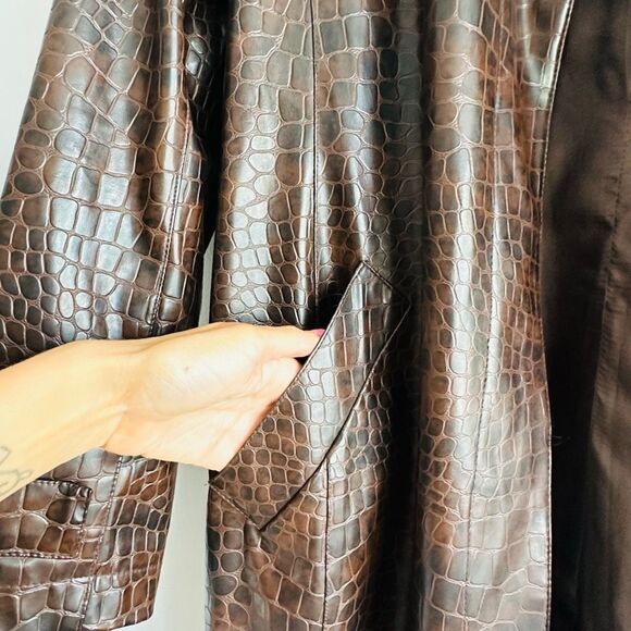 Vintage 90s Y2K ZARA Woman Crocodile Print Trench Coat Brown Alligator Embossed - Picture 5 of 10